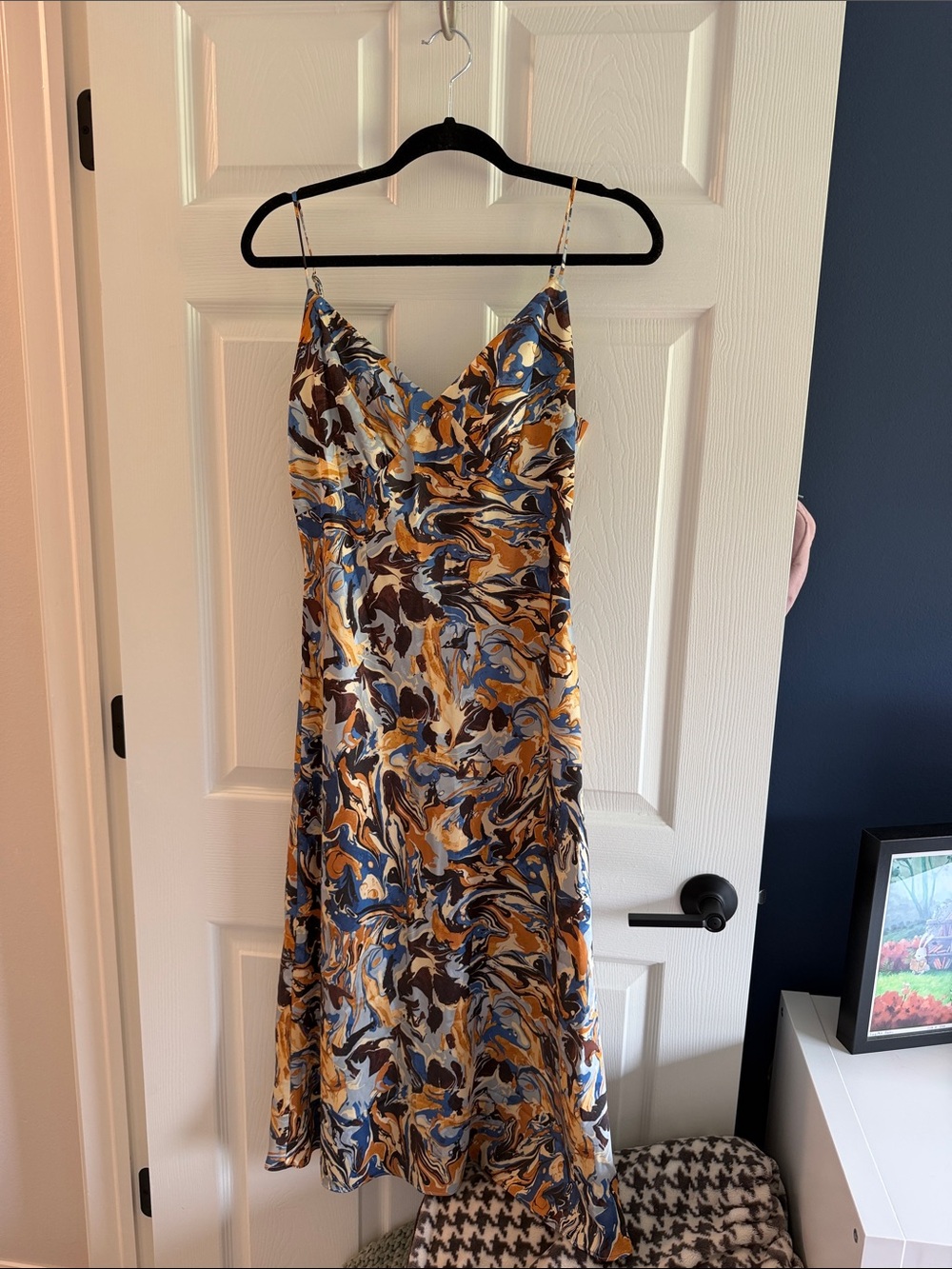 Abercrombie & Fitch Marble-Print Slip Dress in Blue, Mustard & Brown